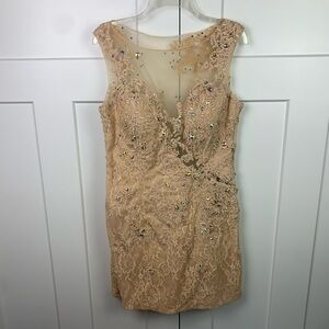 Mori Lee Size 15 16 Nude beige Lace Beaded Mini Dress Cocktail Sexy